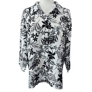 JM Collection 100% Linen White Black Floral Button-Up Shirt Beachy Vacation